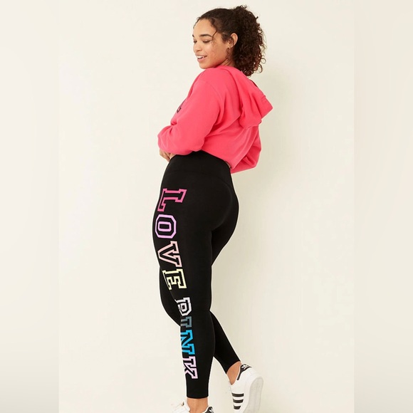 PINK Victorias Secret High Waist Yoga Leggings Size Medium Black Rainbow Logo - Picture 2 of 10